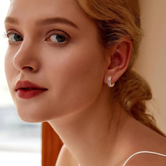 14K Yellow Gold with Purple Amethyst Cubic Zirconia Princess Cut Huggie Earrings - Picture 5 of 5